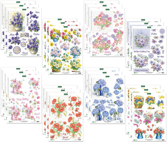 Katy Sue Designs Pretty Flowers 3D Die-Cut Decoupage Sheets for Card Making. A Pack of 24 Sheets of Floral-Themed Die Cuts for Card Making Supplies With Sweet Peas, Corn Poppies, Hydrangeas, & Pansies