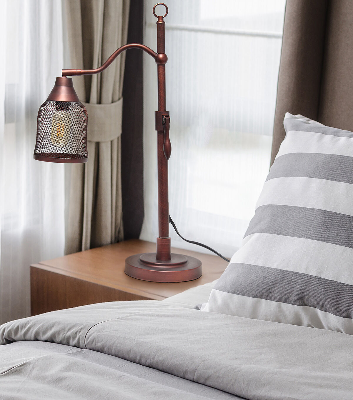All The Rages Vintage Arched Table Lamp with Iron Mesh Shade, Red Bronze