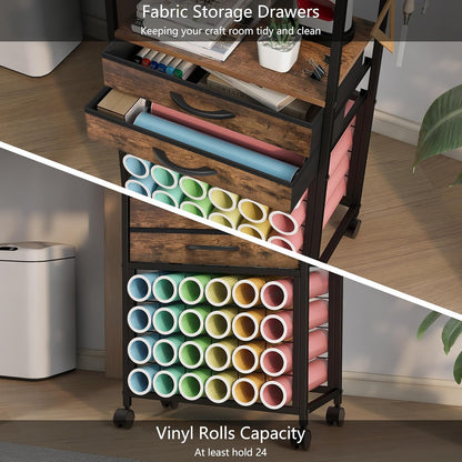 Organizer and Storage Stand Compatible with Cricut Machines,Rolling Storage Cart/Shelf with 24 Vinyl Roll Holders，2 Fabric Drawer,Accessories Holder,Tool Hook for Craft Room Home (White)