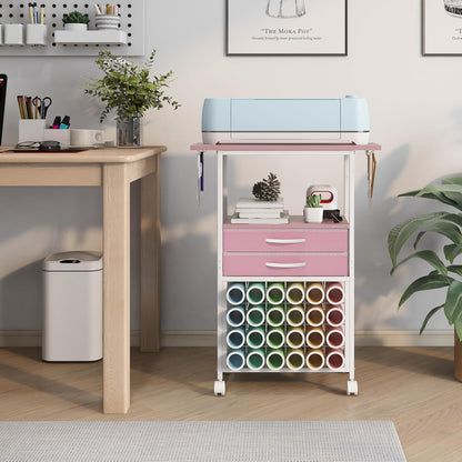Organizer and Storage Stand Compatible with Cricut Machines,Rolling Storage Cart/Shelf with 24 Vinyl Roll Holders，2 Fabric Drawer,Accessories Holder,Tool Hook for Craft Room Home (White)