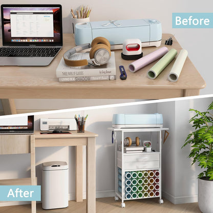 Organizer and Storage Stand Compatible with Cricut Machines,Rolling Storage Cart/Shelf with 24 Vinyl Roll Holders，2 Fabric Drawer,Accessories Holder,Tool Hook for Craft Room Home (White)