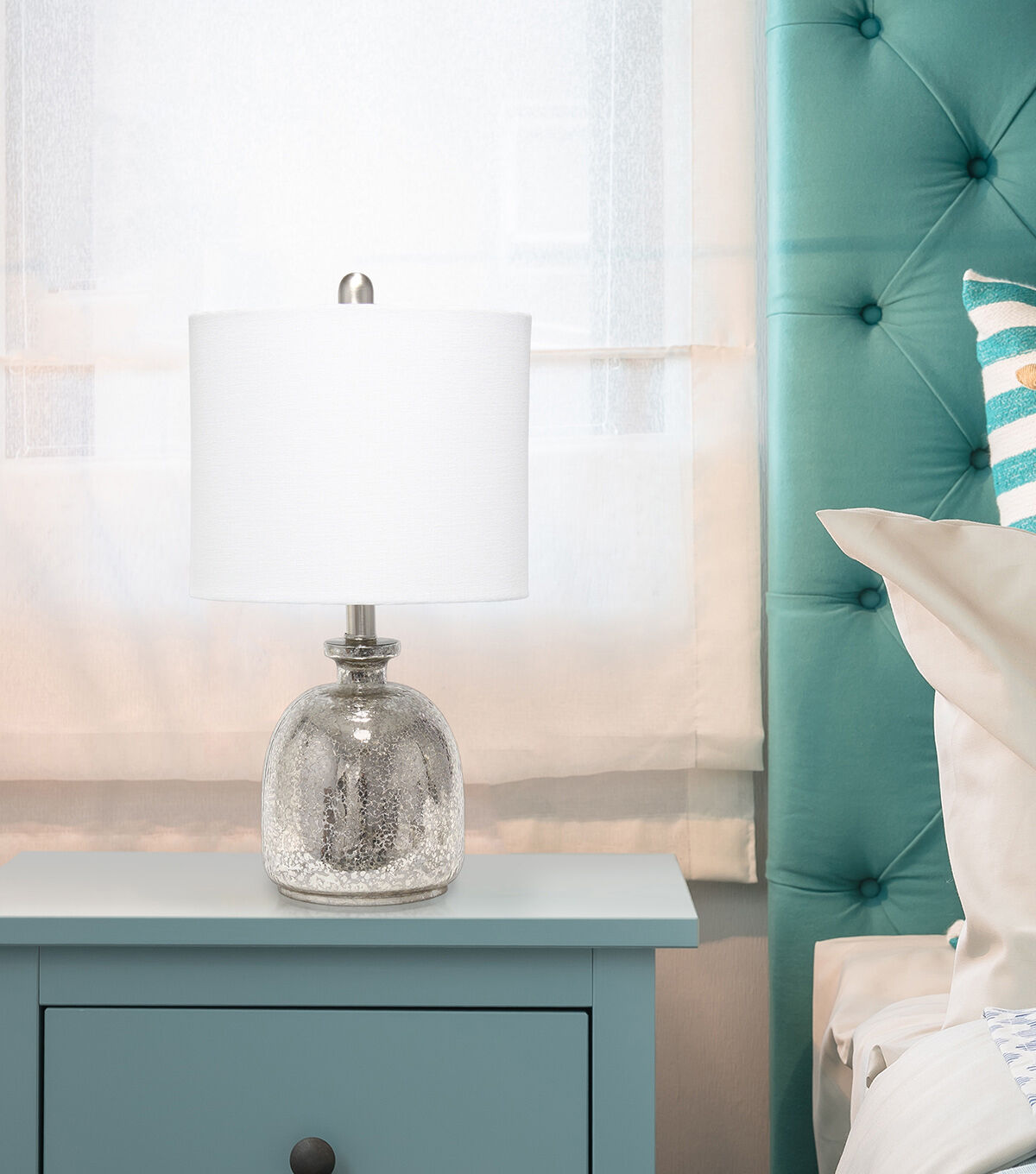 All The Rages Mercury Glass Jar Table Lamp with White Linen Shade