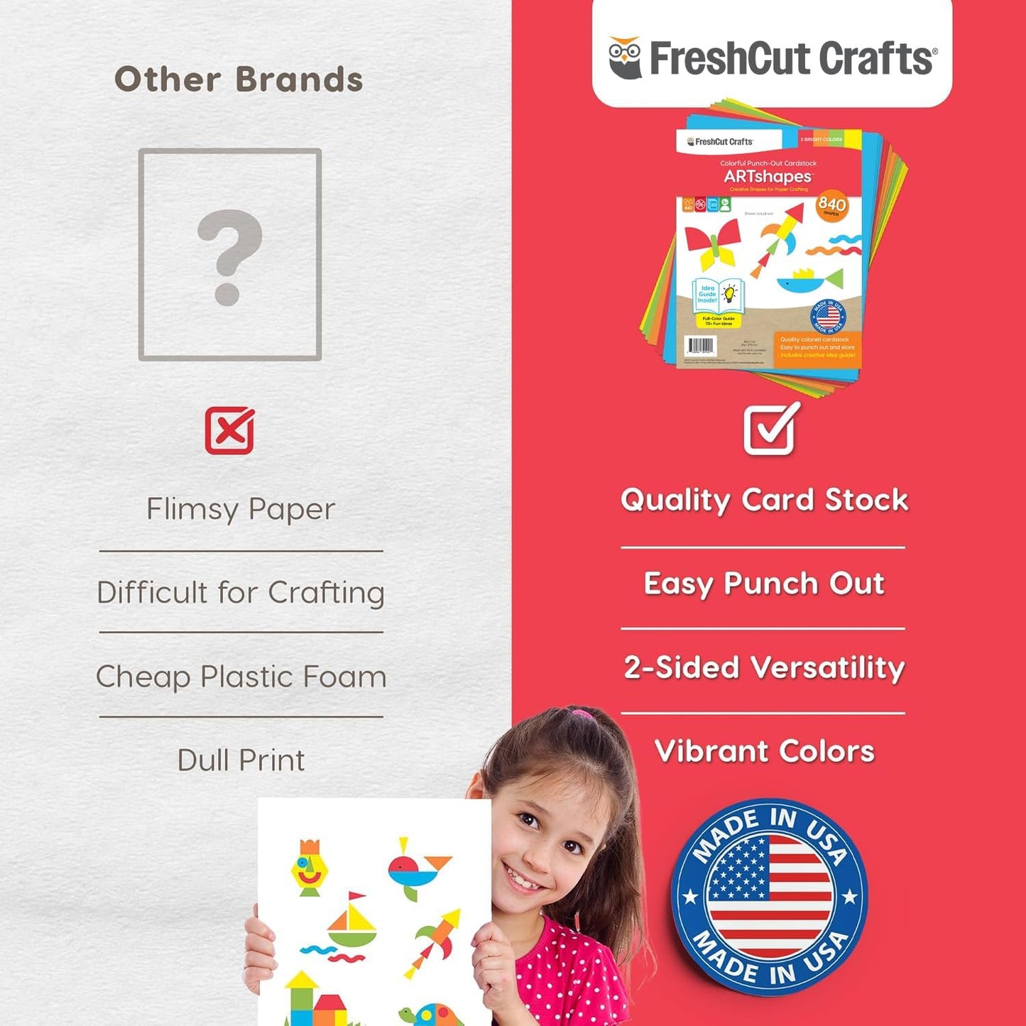 ARTshapes 840 pc Creative Paper Shapes Pack with 70+ Idea Guide - US Made Card Stock - Punch Out Funky DIY Craft Supplies for Whimsical Art Designs, Paper Crafts, and Pattern Play 5 Festive Colors