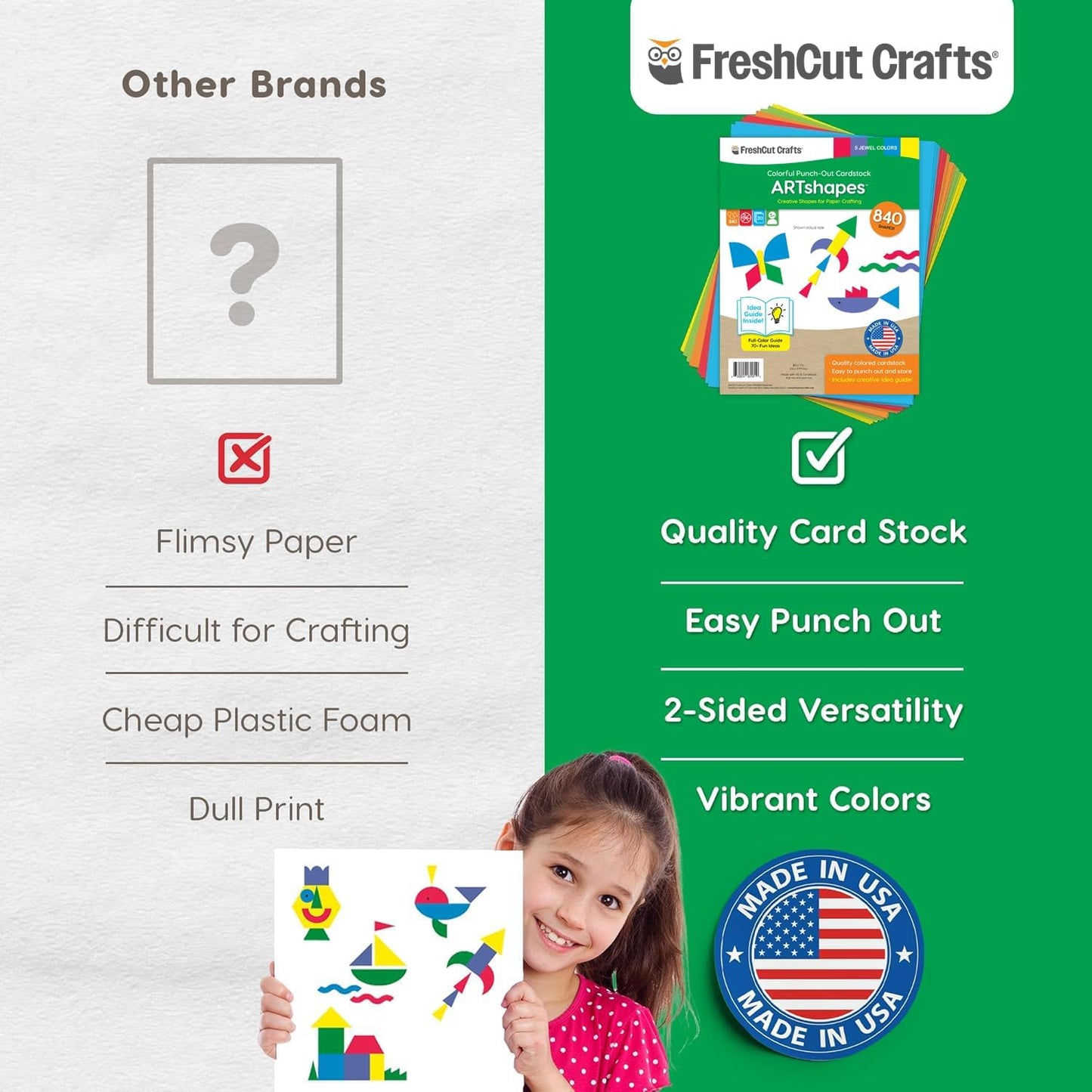 ARTshapes 840 pc Creative Paper Shapes Pack with 70+ Idea Guide - US Made Card Stock - Punch Out Funky DIY Craft Supplies for Whimsical Art Designs, Paper Crafts, and Pattern Play 5 Festive Colors