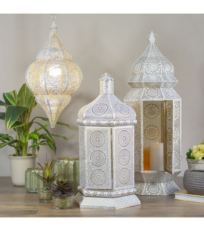 Northlight 21.5" White Gold Moroccan Pillar Candle Lantern
