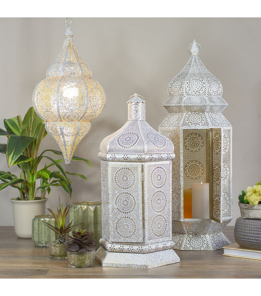 Northlight 21.5" White Gold Moroccan Pillar Candle Lantern