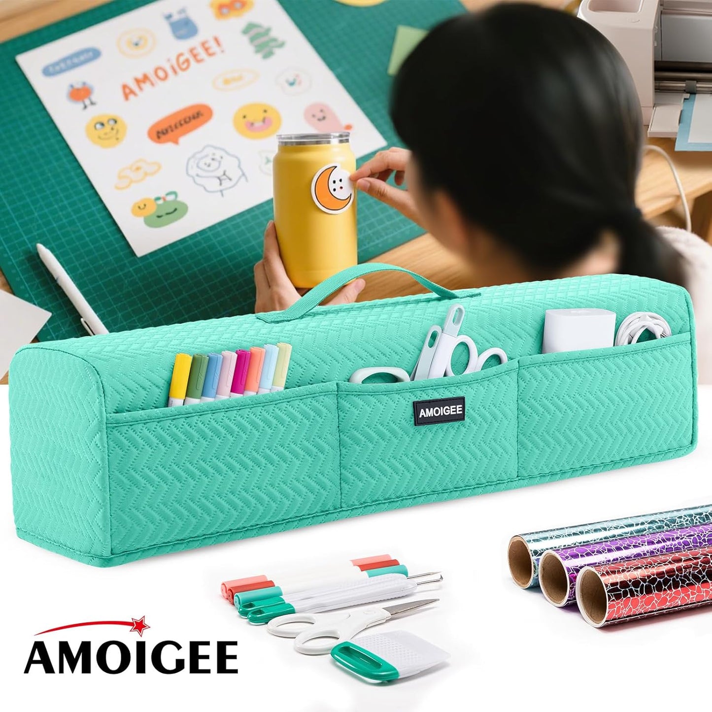 AMOIGEE Stretchy & Washable Dust Cover for Cricut Maker 4, Cricut Explore 4, Cricut Explore Air 2, Cricut Maker 3 – Die-Cut Machine Cover with Pockets for Cricut Accessories, Supplies & Tools