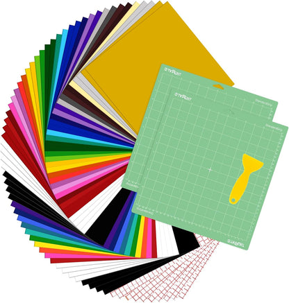 HTVRONT 70 Pack Vinyl for Cricut Machine, 57 Sheets 12" X 12" Permanent Adhesive Vinyl Sheets & 2 Cutting Mat & 10 Transfer Paper for Vinyl