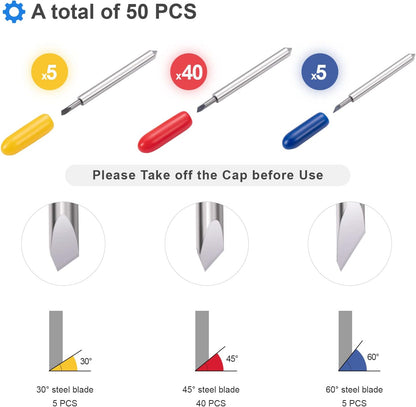 STREWEEK 50PCS Cutting Blades compatible for Cricut Explore Air/Air 2/Air 3/Maker 3, Fine Point Blades Consist of 10PCS 30°Shallow Cutting Blades,30PCS 45° Standard Blades and 10PCS 60° Deep Blades