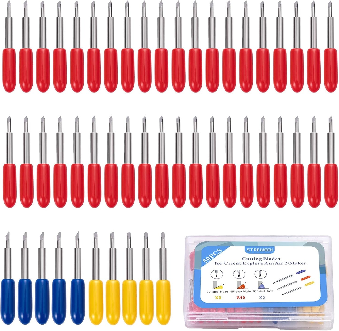 STREWEEK 50PCS Cutting Blades compatible for Cricut Explore Air/Air 2/Air 3/Maker 3, Fine Point Blades Consist of 10PCS 30°Shallow Cutting Blades,30PCS 45° Standard Blades and 10PCS 60° Deep Blades