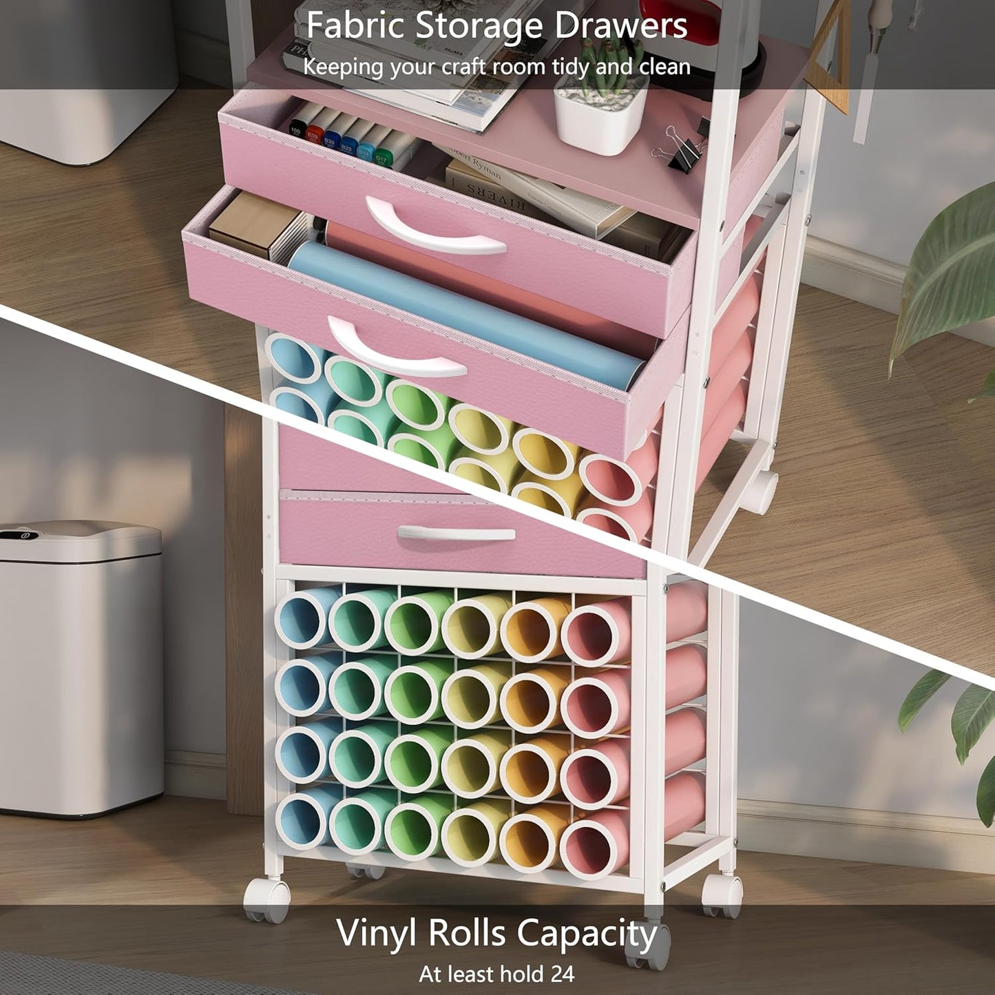 Organizer and Storage Stand Compatible with Cricut Machines,Rolling Storage Cart/Shelf with 24 Vinyl Roll Holders，2 Fabric Drawer,Accessories Holder,Tool Hook for Craft Room Home (White)