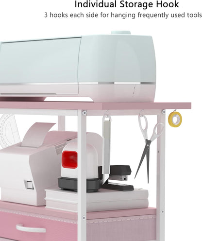 Organizer and Storage Stand Compatible with Cricut Machines,Rolling Storage Cart/Shelf with 24 Vinyl Roll Holders，2 Fabric Drawer,Accessories Holder,Tool Hook for Craft Room Home (White)