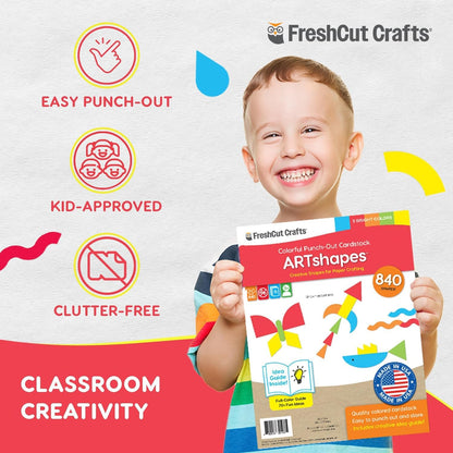 ARTshapes 840 pc Creative Paper Shapes Pack with 70+ Idea Guide - US Made Card Stock - Punch Out Funky DIY Craft Supplies for Whimsical Art Designs, Paper Crafts, and Pattern Play 5 Festive Colors