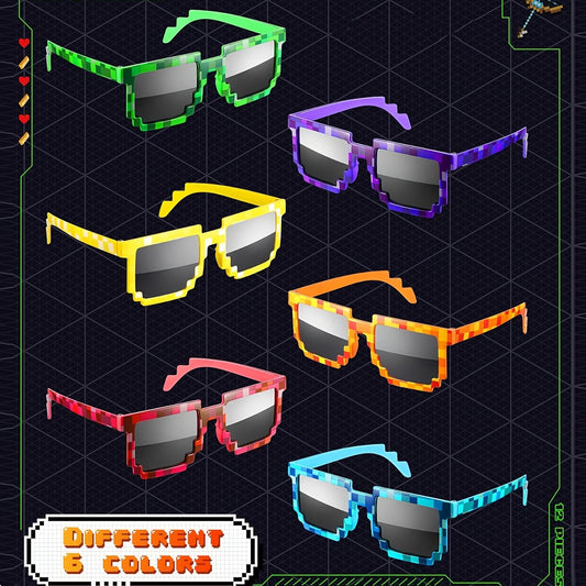 6pcs Lunettes Pixel Colorées - Accessoires de Fête à Thème Mineur & Accessoires pour Photomaton pour Anniversaires et Soirées Gaming - Montures en Plastique Durables en Vert, Bleu, Jaune, Violet, Orange