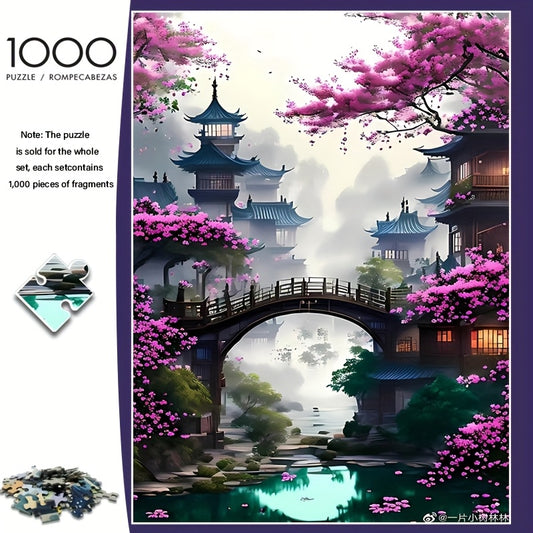 Puzzle Grand Défi 1000 pièces - Scène asiatique vibrante avec cerisiers en fleurs et pagodes, papier épais et résistant, art décoratif DIY pour amateurs, sans cadre - Cadeau idéal pour anniversaires, fêtes, casse-têtes, parfait pour Noël